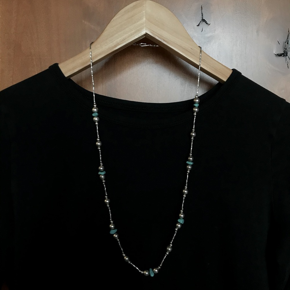 Silver and turquoise tone beaded strand, long necklace